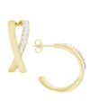 ESSENTIALS HIGH POLISHED CLEAR CRYSTAL CROSS OVER C HOOP EARRING, GOLD PLATE AND SILVER PLATE