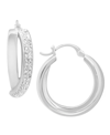 ESSENTIALS CRYSTAL AND HIGH POLISH CROSSOVER HOOP EARRING, SILVER PLATE