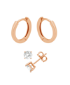 AND NOW THIS CUBIC ZIRCONIA ROUND STUD POLISHED HUGGIE HOOP EARRING, ROSE GOLD PLATE