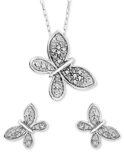 Macy's 2-pc. Set Diamond Butterfly Pendant Necklace & Matching Stud Earrings (1/6 Ct. T.w.) In Sterling Sil In Sterling Silver