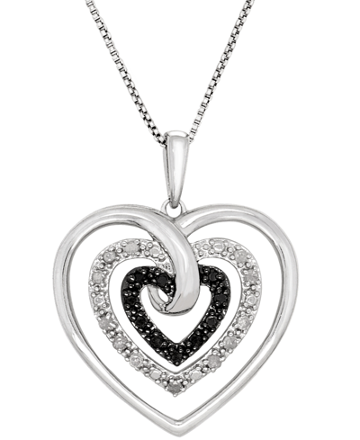 Macy's Black Diamond (1/10 Ct. T.w.) & White Diamond (1/20 Ct. T.w.) Open Heart 18" Pendant Necklace In Ste In Sterling Silver