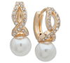 Anne Klein Gold-tone Imitation Pearl And Crystal Huggie Drop Earrings In Tan/beige