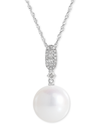 Macy's Cultured Freshwater Pearl (10mm) & Diamond (1/6 Ct. T.w.) Pendant Necklace In 14k White Gold, 16" +