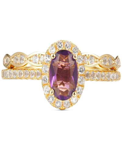 Macy's 2-pc. Set Sky Blue Topaz (1 Ct. T.w.) & White Topaz (1/4 Ct. T.w.) Halo Ring & Fitted Band In Gold-p In Amethyst