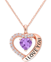 Macy's Amethyst (1 Ct. T.w.) & White Topaz (5/8 Ct. T.w.) "i Love You" 18" Heart Pendant Necklace In 18k Ro In Purple