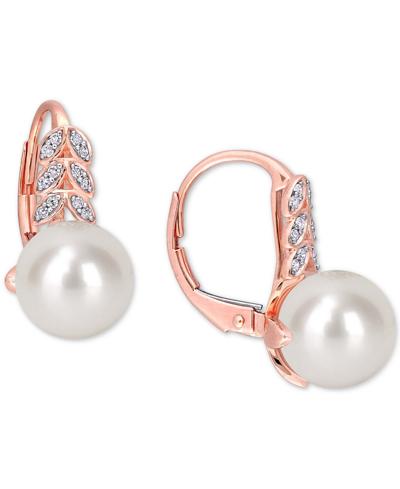 Macy's Cultured Freshwater Pearl (9mm) & Diamond (1/10 Ct. T.w.) Leverback Drop Earrings In 10k Rose Gold