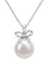 Macy's Cultured Freshwater Pearl (12mm) & Lab-created White Sapphire Accent Bow 18" Pendant Necklace In Ste In White
