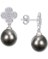 Macy's Black Cultured Tahitian Pearl (10mm) & Diamond (1/5 Ct. T.w.) Flower Drop Earrings In 14k White Gold In Black