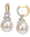Macy's Cultured South Sea Pearl (10mm) & Diamond (1/2 Ct. T.w.) Swirl Huggie Hoop Earrings In 14k Gold In White