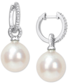 Macy's Cultured South Sea Pearl (12mm) & Diamond (1/10 Ct. T.w.) Huggie Hoop Earrings In 14k White Gold In White
