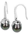 Macy's Cultured Tahitian Pearl (9-10mm) & Diamond (1/8 Ct. T.w.) Drop Earrings In 14k White Gold In Black