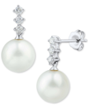 Macy's Cultured Freshwater Pearl (8mm) & Diamond (1/5 Ct. T.w.) Drop Earrings In 14k White Gold In White