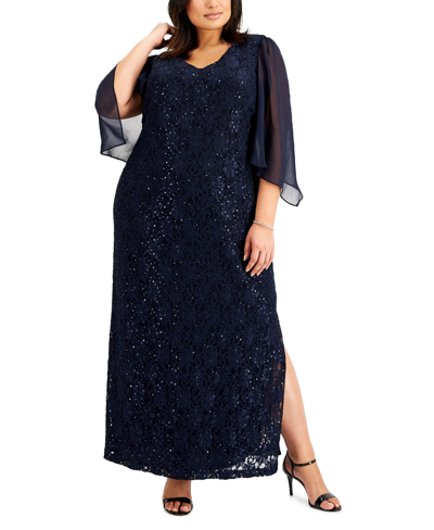 Connected Plus Size Sheer-sleeve Lace Gown In Navy