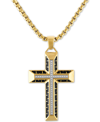 ESQUIRE MEN'S JEWELRY DIAMOND CROSS 22" PENDANT NECKLACE IN GOLD TONE ION-PLATED STAINLESS STEEL & BLACK CARBON FIBER, CRE