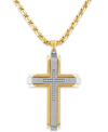 MACY'S MEN'S 1/10 CARAT DIAMOND CROSS PENDANT 22" CHAIN IN STAINLESS STEEL AND GOLD TONE ION PLATING
