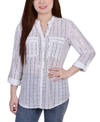 Ny Collection Petite Size 3/4 Sleeve Roll Tab Blouse With Metallic Details Top In White