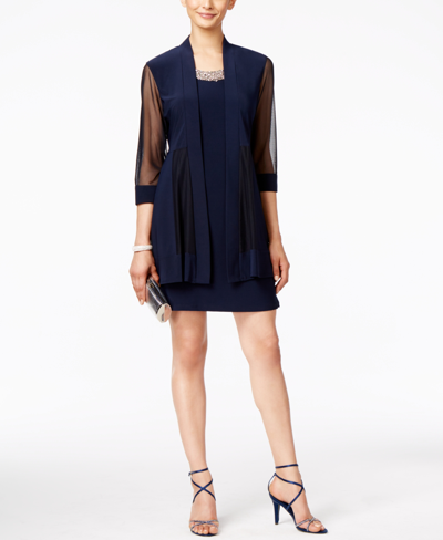 R & M Richards Petite Embellished Dress And Illusion Duster Jacket In Blue