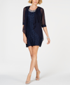 R & M Richards Petite Glitter Lace Dress & Waterfall Jacket In Blue