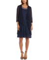 R & M Richards Petite Glitter Lace Dress & Waterfall Jacket In Blue
