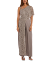 R & M Richards One-shoulder Lace Jumpsuit In Brown