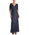 R & M Richards Sequin Drape-back Cape Gown In Blue