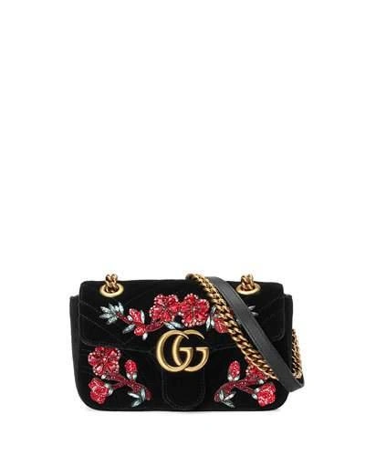 Gucci Gg Marmont Small Crystal-embellished Velvet Shoulder Bag In Nero/multi
