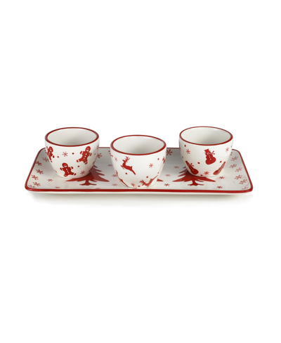 Euro Ceramica Winterfest 4 Piece Holiday Entertainment Serving Set In Red