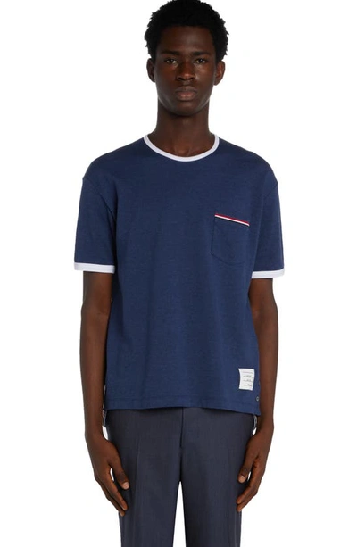 Thom Browne Oversize Tipped Cotton Piqué Pocket T-shirt In Blue
