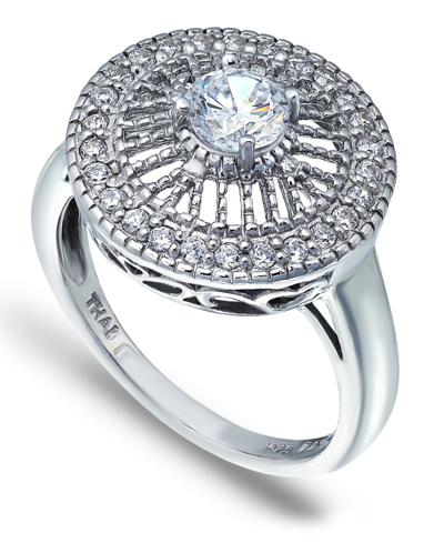 Macy's Cubic Zirconia Medallion Ring With Round Prong Center Stone In Silver Plate
