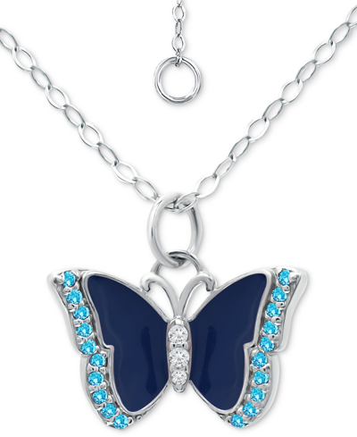 Giani Bernini Cubic Zirconia & Blue Enamel Butterfly Pendant Necklace In Sterling Silver, 16" + 2" Extender, Creat In Aqua