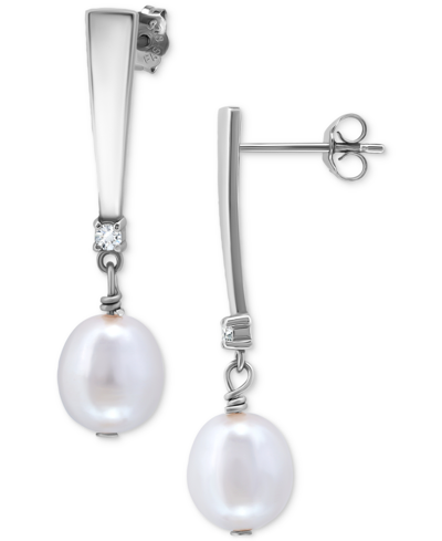 Giani Bernini Cultured Freshwater Oval Pearl (10 X 8mm) & Cubic Zirconia Drop Earrings, Created For Macy's In Silver