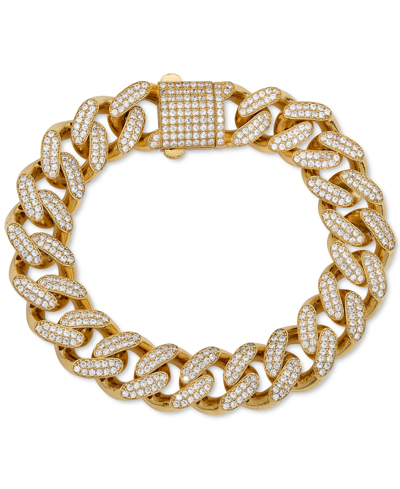 Macy's Men's Cubic Zirconia Curb Link Chain Bracelet In 24k Gold-plated Sterling Silver In Gold Over Silver
