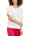 CHARTER CLUB WOMEN'S LINEN SPLIT-NECK TIE-CUFF TOP, CREATED FOR MACY'S