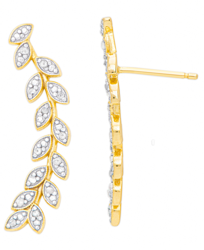 Macy's Diamond Accent Leaf Ear Climber Earrings In 14k Gold Plate And Fine Silver Plate