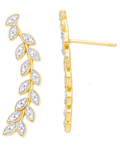 Macy's Diamond Accent Leaf Ear Climber Earrings In 14k Gold Plate And Fine Silver Plate In Gold-plated