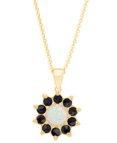 Macy's Lab-created Opal (1/5 Ct. T.w.) & Sapphire (1/2 Ct. T.w.) Halo 18" Pendant Necklace In 14k Gold-plat In Gold Over Sterling Silver