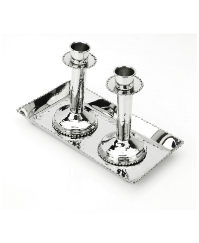 Classic Touch Candlesticks With Tray And Beaded Design, Set Of 2 In Silver - Tone