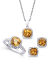 Macy's Sterling Silver Jewelry Set, Citrine (4-3/4 Ct. T.w.) And Diamond Accent Necklace, Earrings And Ring In Orange