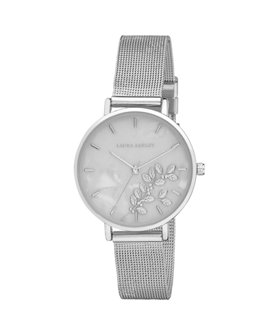Laura Ashley Women's Engraved Floral Printed Silver-tone Alloy Mesh Band Watch 34mm In Sliver-tone