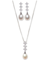 Macy's Cultured Freshwater Pearl (7x9mm) And Cubic Zirconia Pendant Necklace & Earring Set In Sterling Silv In Silver