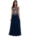BETSY & ADAM PETITE SLEEVELESS FLORAL-APPLIQUE ILLUSION GOWN