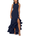 Betsy & Adam Ruffle Halter Crepe Gown In Blue