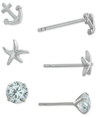 Giani Bernini 3-pc. Set Cubic Zirconia Nautical-themed Stud Earrings In Sterling Silver, Created For Macy's