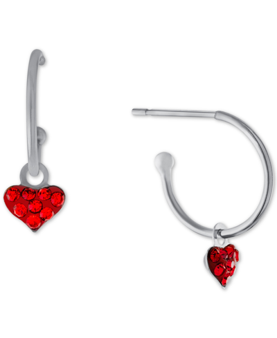 Giani Bernini Red Crystal Heart Dangle Hoop Earrings In Sterling Silver, Created For Macy's