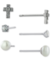 Giani Bernini 3-pc. Cubic Zirconia & Cultured Freshwater Pearl (4mm) Stud Earrings In Sterling Silver, Created For In Silver