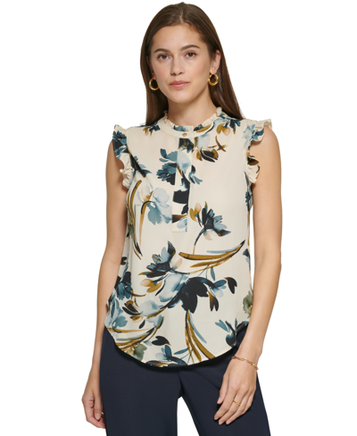 Dkny Women's Printed Quarter-button Round-neck Top In Pearl
