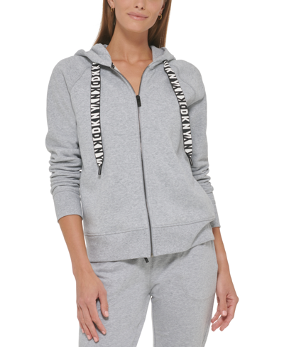 Dkny Logo-drawstring Zip-up Hoodie In Silver