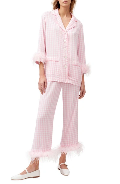 Sleeper Party Feather-trimmed Gingham Pajama Set In Pink