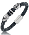 ANDREW CHARLES BY ANDY HILFIGER ANDREW CHARLES BY ANDY HILFIGER MEN'S BLACK LEATHER LION HEAD BRACELET IN STAINLESS STEEL