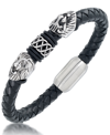 Andrew Charles By Andy Hilfiger Men's Black Leather Lion Head Bracelet In Stainless Steel